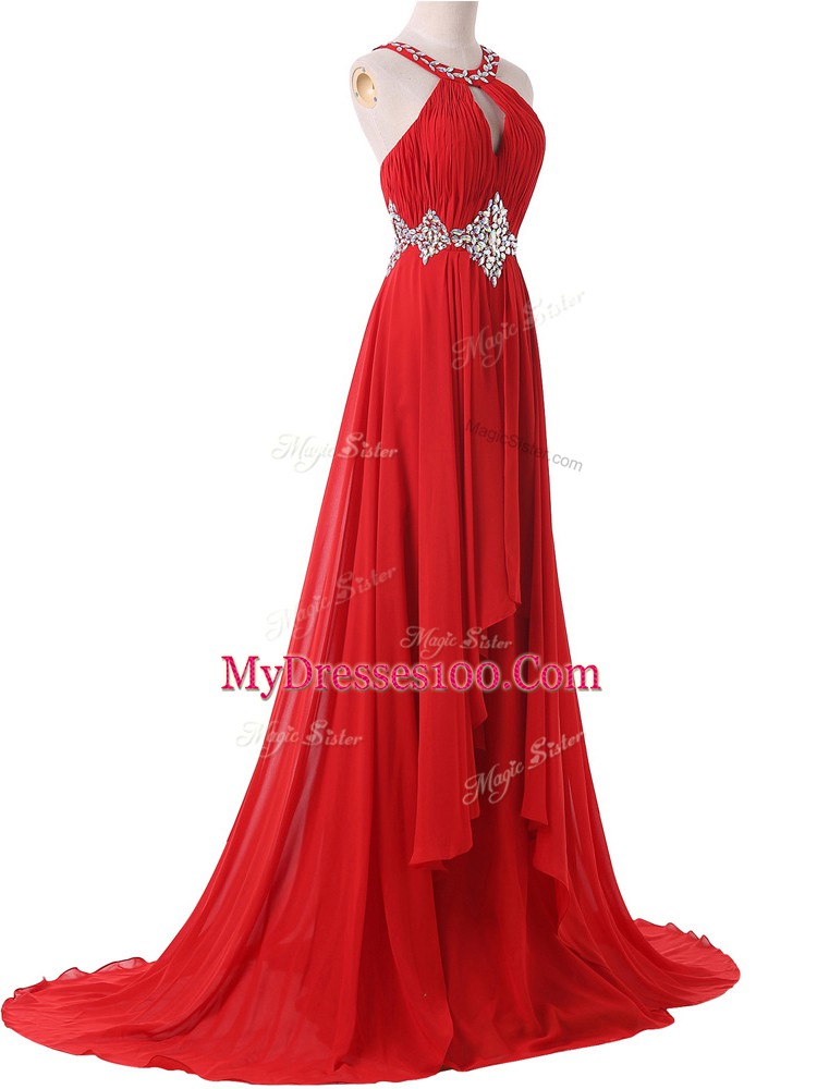 Sleeveless Brush Train Beading and Ruching Lace Up Prom Dresses