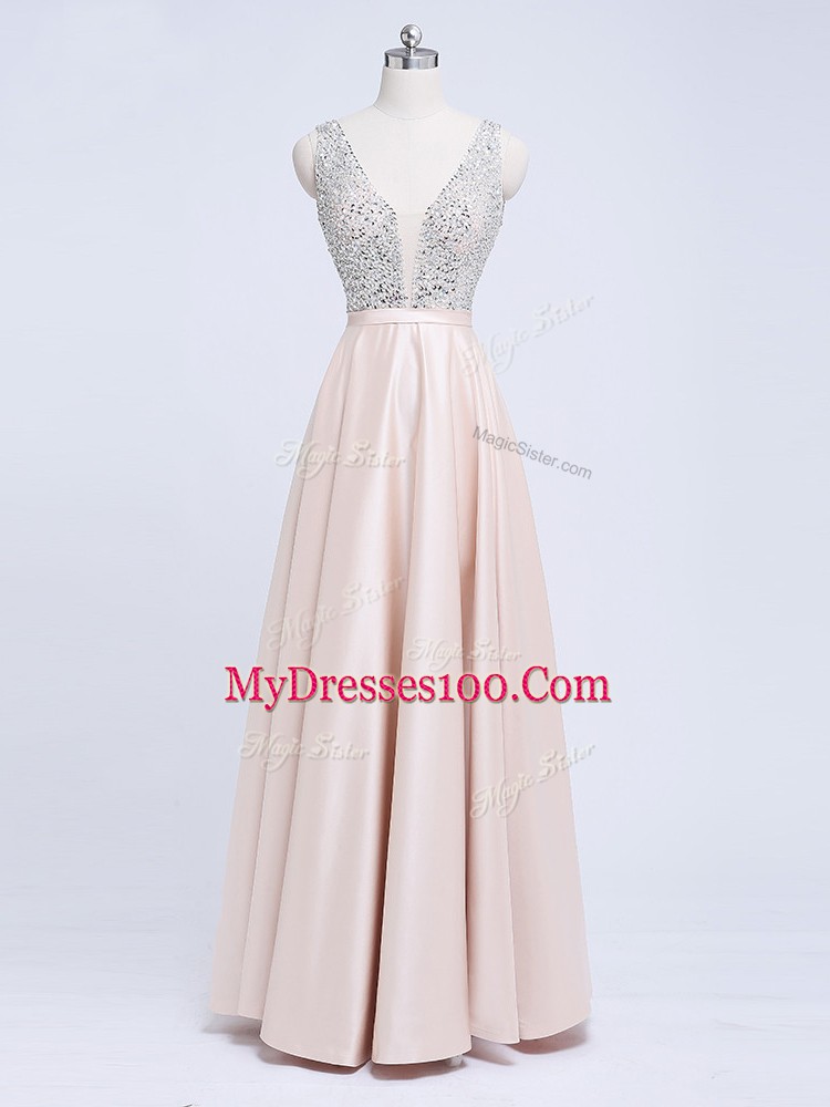 Champagne Backless Homecoming Dress Beading and Belt Sleeveless Floor Length