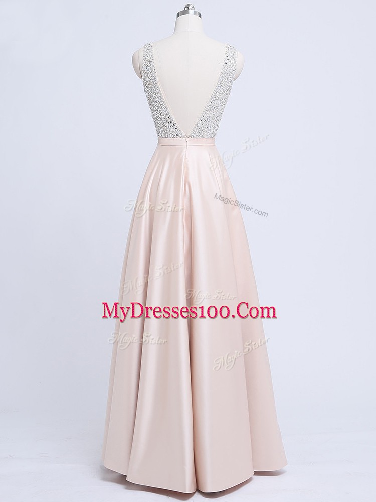 Champagne Backless Homecoming Dress Beading and Belt Sleeveless Floor Length