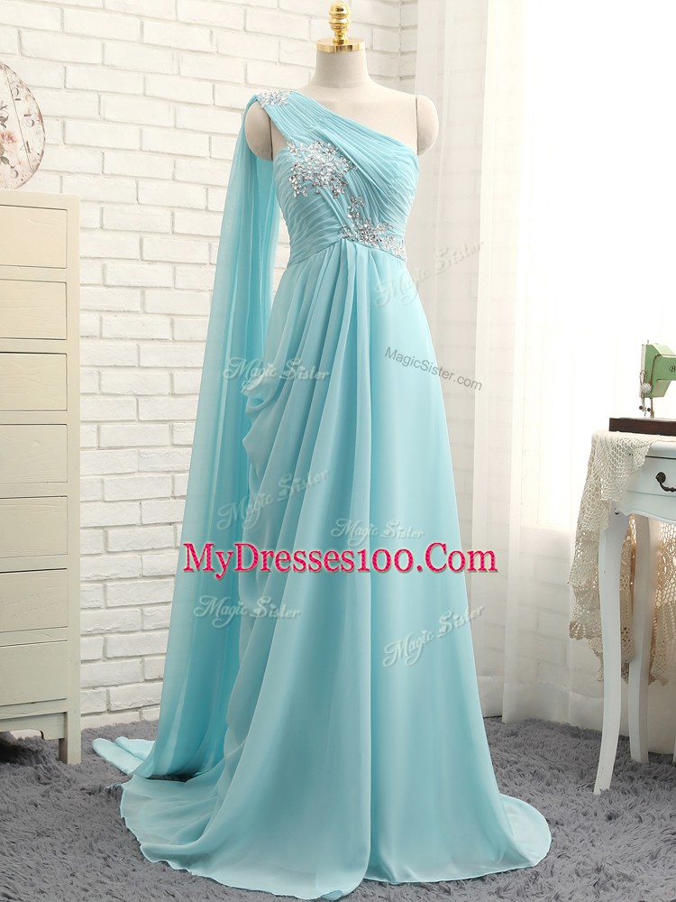 Sleeveless Beading and Ruching Zipper Quinceanera Court of Honor Dress with Aqua Blue Brush Train