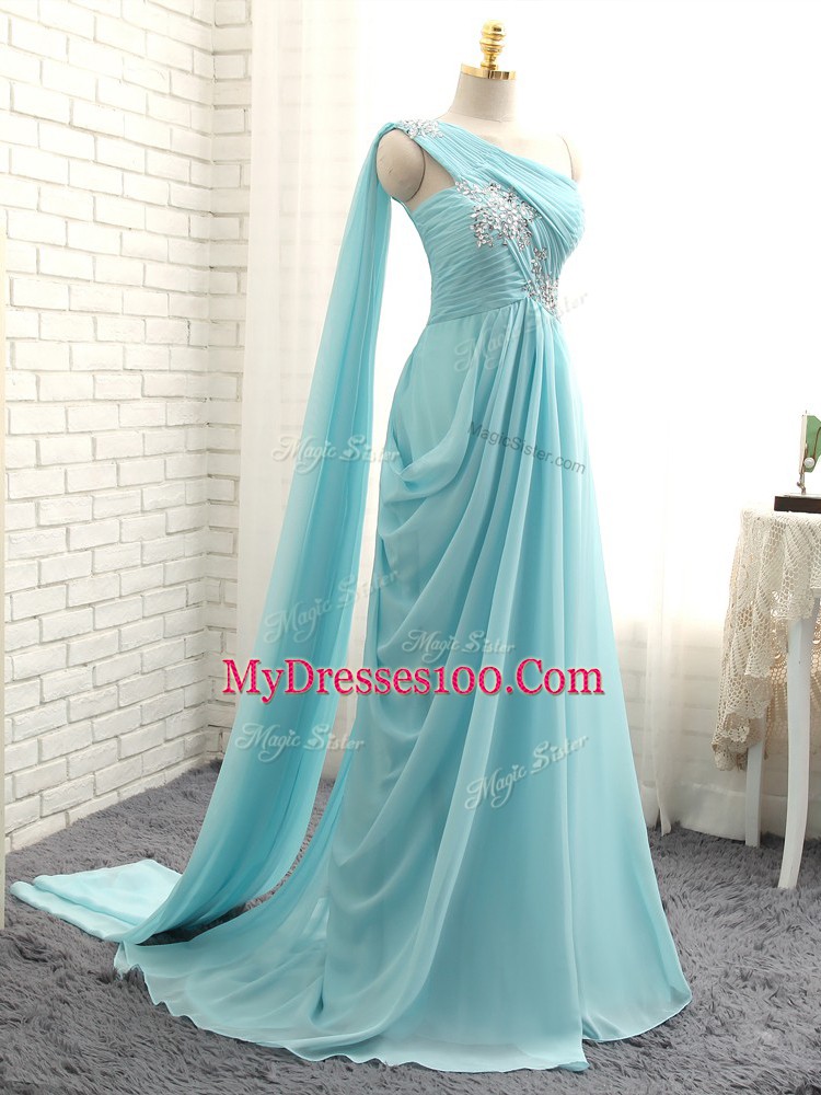 Sleeveless Beading and Ruching Zipper Quinceanera Court of Honor Dress with Aqua Blue Brush Train