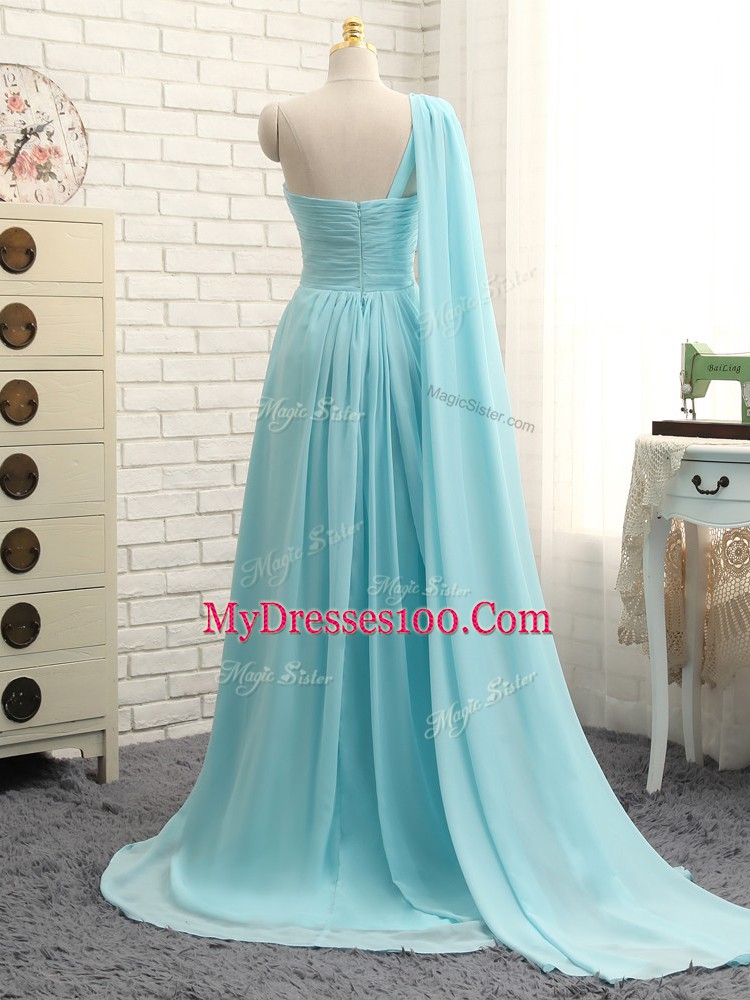 Sleeveless Beading and Ruching Zipper Quinceanera Court of Honor Dress with Aqua Blue Brush Train