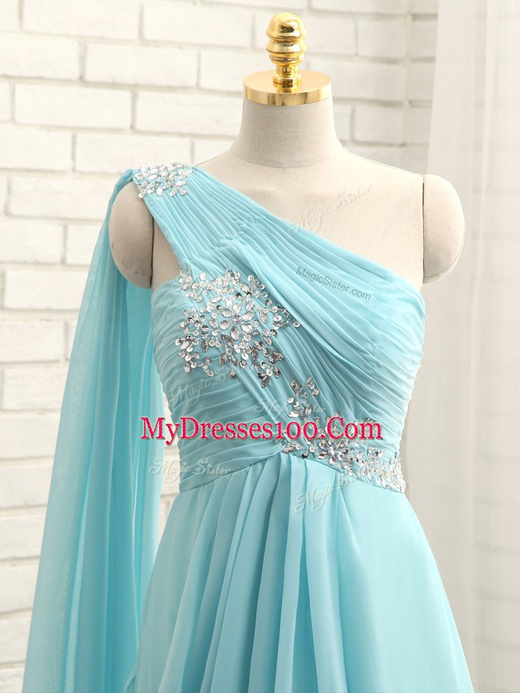 Sleeveless Beading and Ruching Zipper Quinceanera Court of Honor Dress with Aqua Blue Brush Train