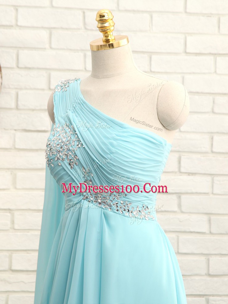 Sleeveless Beading and Ruching Zipper Quinceanera Court of Honor Dress with Aqua Blue Brush Train