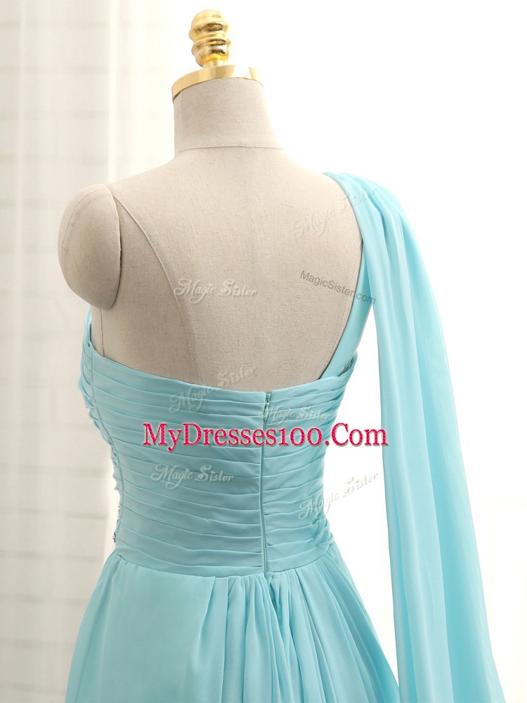 Sleeveless Beading and Ruching Zipper Quinceanera Court of Honor Dress with Aqua Blue Brush Train