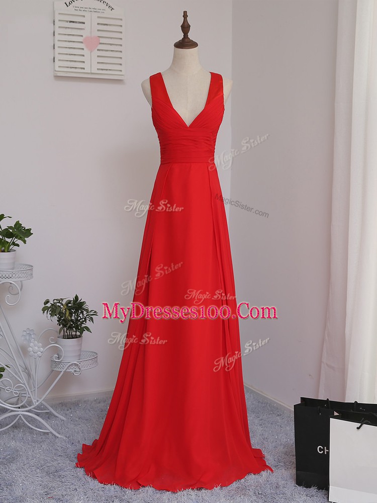 Smart Red Empire Ruching Damas Dress Zipper Chiffon Sleeveless Floor Length