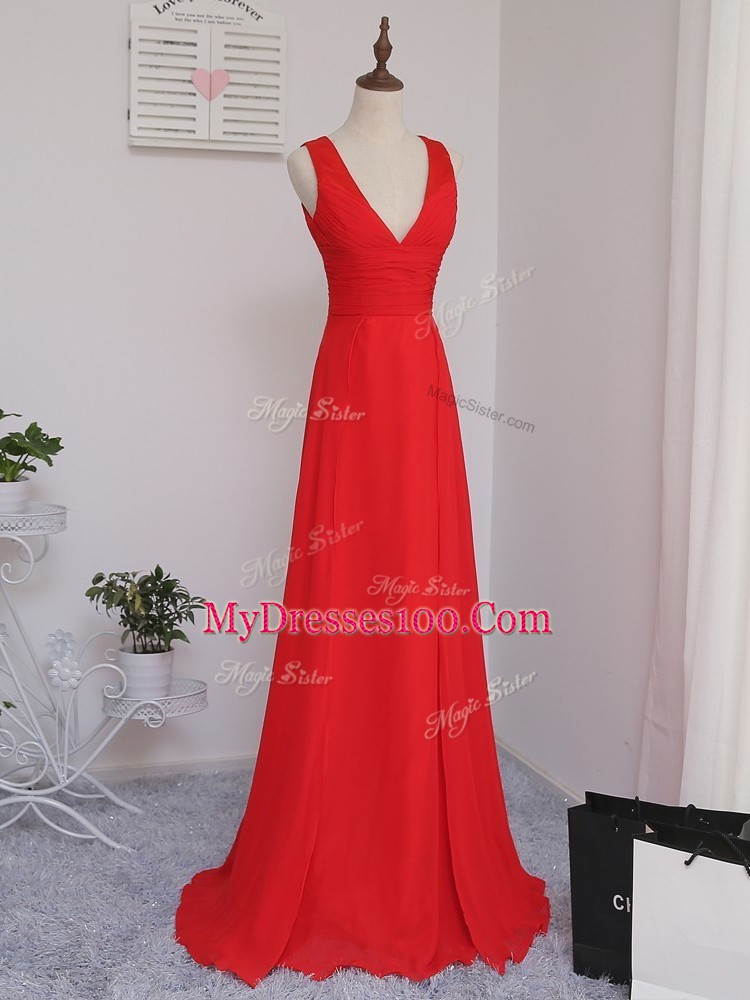 Smart Red Empire Ruching Damas Dress Zipper Chiffon Sleeveless Floor Length