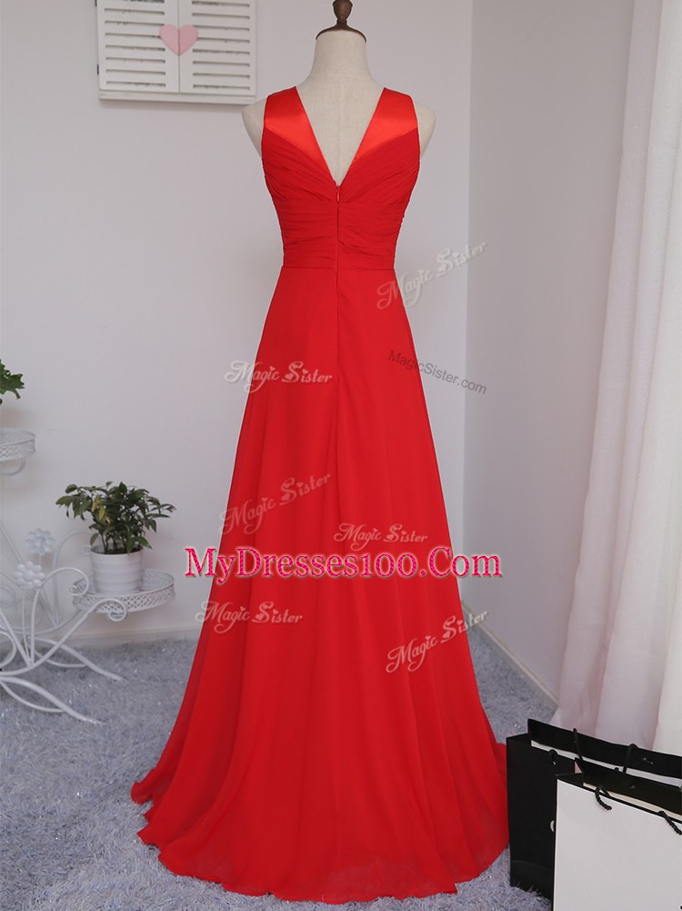 Smart Red Empire Ruching Damas Dress Zipper Chiffon Sleeveless Floor Length