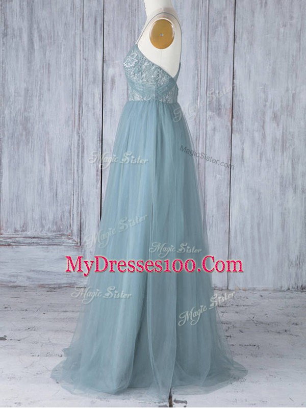 Latest Sleeveless Criss Cross Floor Length Appliques Quinceanera Court of Honor Dress