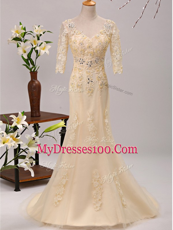 3 4 Length Sleeve Beading and Lace and Appliques Lace Up Mother of Bride Dresses with Champagne Brush Train