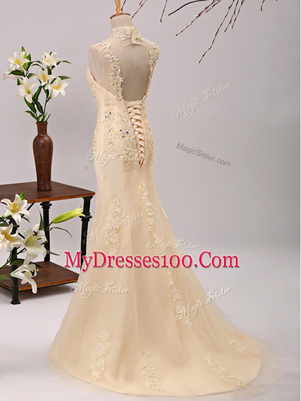 3 4 Length Sleeve Beading and Lace and Appliques Lace Up Mother of Bride Dresses with Champagne Brush Train