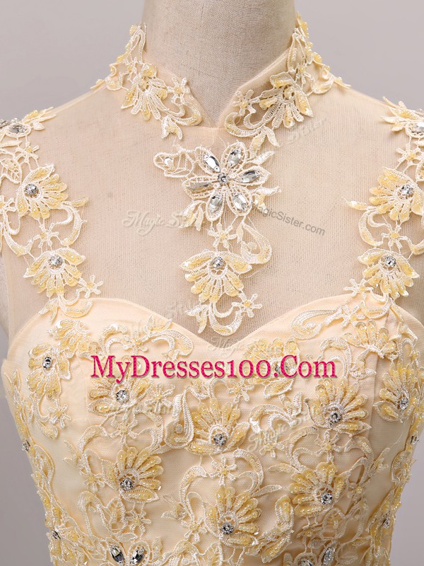 3 4 Length Sleeve Beading and Lace and Appliques Lace Up Mother of Bride Dresses with Champagne Brush Train