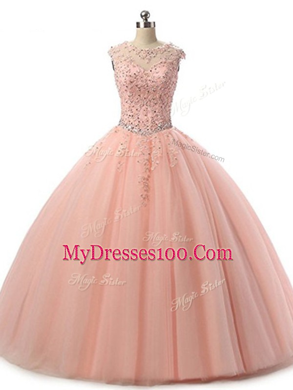 Superior Sleeveless Floor Length Beading and Lace Lace Up Sweet 16 Quinceanera Dress with Peach
