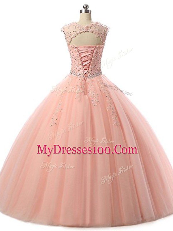 Superior Sleeveless Floor Length Beading and Lace Lace Up Sweet 16 Quinceanera Dress with Peach