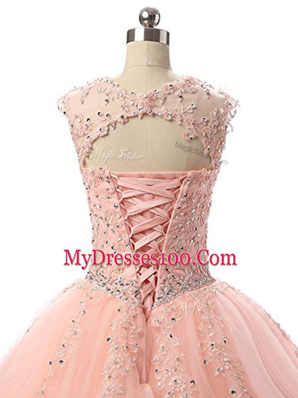 Superior Sleeveless Floor Length Beading and Lace Lace Up Sweet 16 Quinceanera Dress with Peach