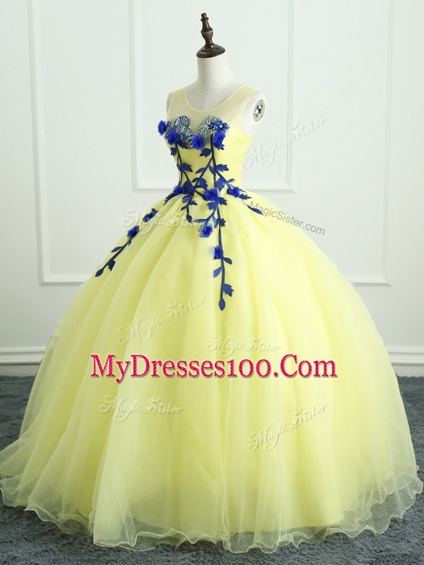 Modern Light Yellow Scoop Neckline Hand Made Flower 15th Birthday Dress Sleeveless Lace Up