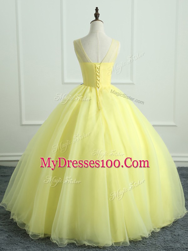 Modern Light Yellow Scoop Neckline Hand Made Flower 15th Birthday Dress Sleeveless Lace Up