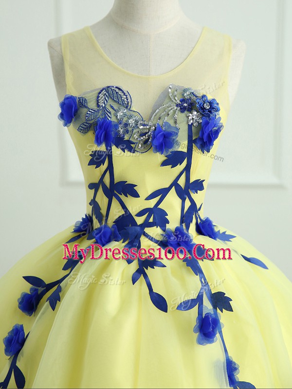 Modern Light Yellow Scoop Neckline Hand Made Flower 15th Birthday Dress Sleeveless Lace Up