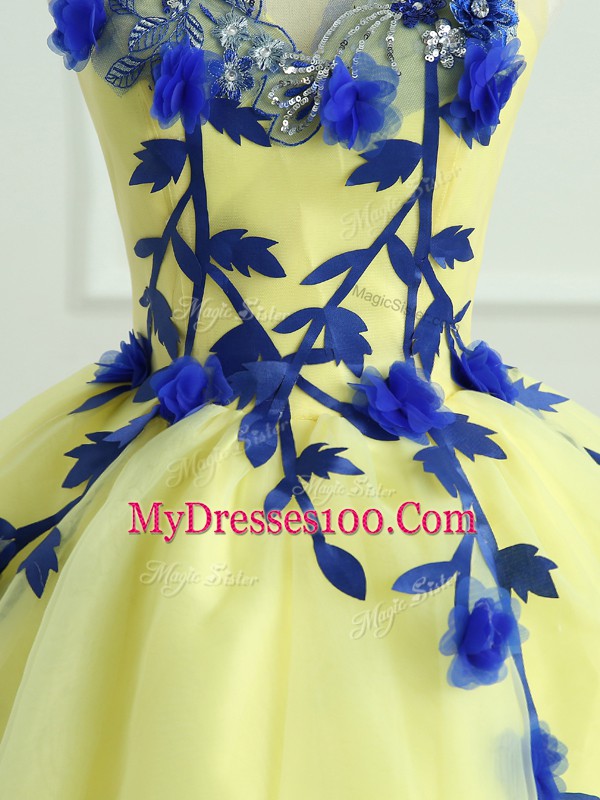 Modern Light Yellow Scoop Neckline Hand Made Flower 15th Birthday Dress Sleeveless Lace Up