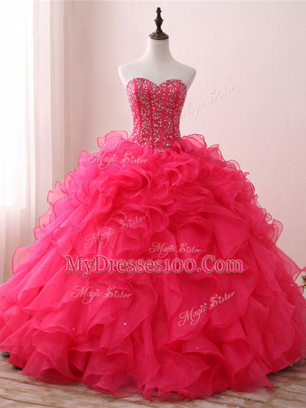 Hot Pink 15th Birthday Dress Military Ball and Sweet 16 and Quinceanera with Beading and Ruffles Sweetheart Sleeveless Lace Up