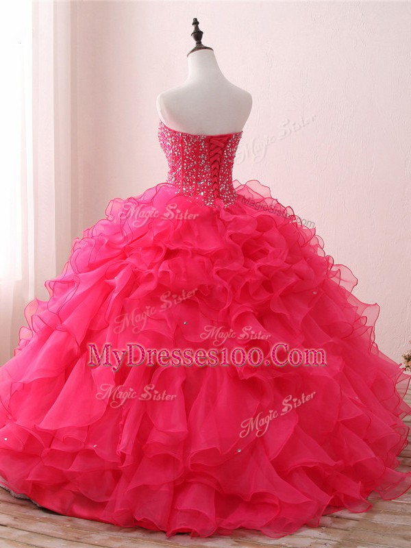 Hot Pink 15th Birthday Dress Military Ball and Sweet 16 and Quinceanera with Beading and Ruffles Sweetheart Sleeveless Lace Up