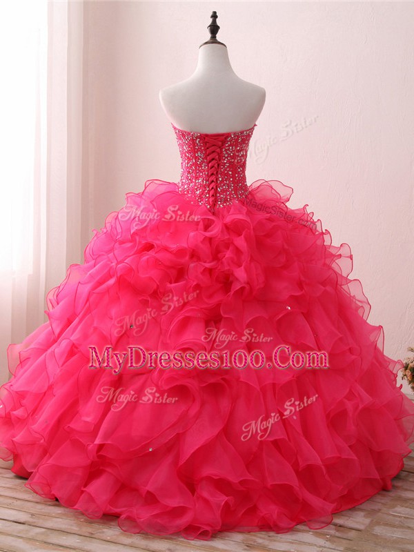 Hot Pink 15th Birthday Dress Military Ball and Sweet 16 and Quinceanera with Beading and Ruffles Sweetheart Sleeveless Lace Up