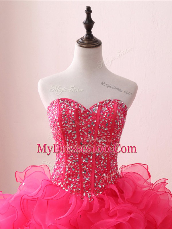 Hot Pink 15th Birthday Dress Military Ball and Sweet 16 and Quinceanera with Beading and Ruffles Sweetheart Sleeveless Lace Up