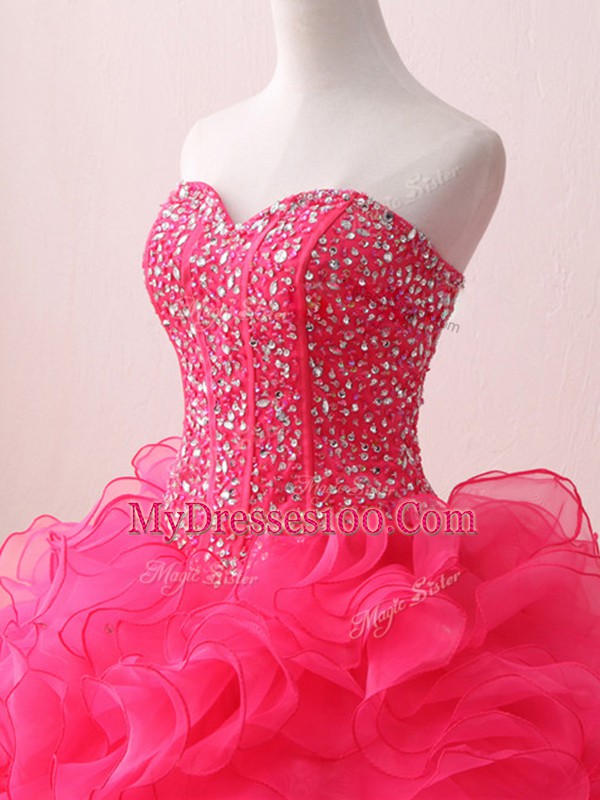 Hot Pink 15th Birthday Dress Military Ball and Sweet 16 and Quinceanera with Beading and Ruffles Sweetheart Sleeveless Lace Up