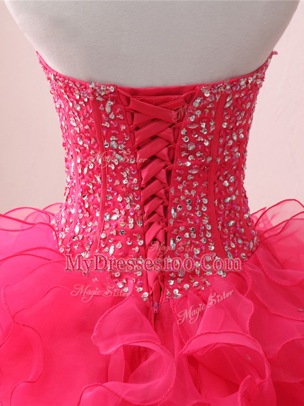 Hot Pink 15th Birthday Dress Military Ball and Sweet 16 and Quinceanera with Beading and Ruffles Sweetheart Sleeveless Lace Up