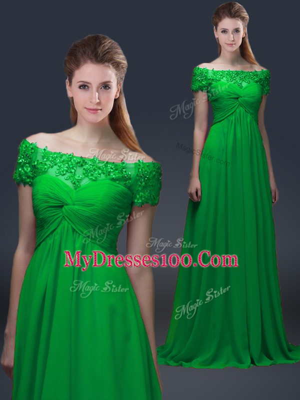 Floor Length Lace Up Mother Dresses Green for Prom and Party with Appliques