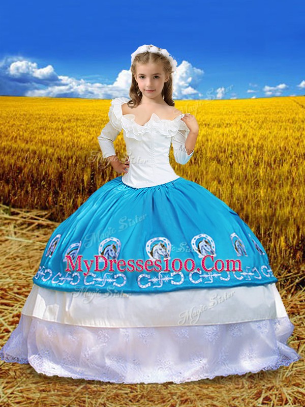Blue And White Ball Gowns Off The Shoulder 3 4 Length Sleeve Taffeta Floor Length Lace Up Embroidery and Ruffles Kids Formal Wear