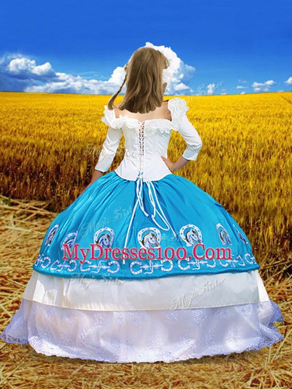 Blue And White Ball Gowns Off The Shoulder 3 4 Length Sleeve Taffeta Floor Length Lace Up Embroidery and Ruffles Kids Formal Wear