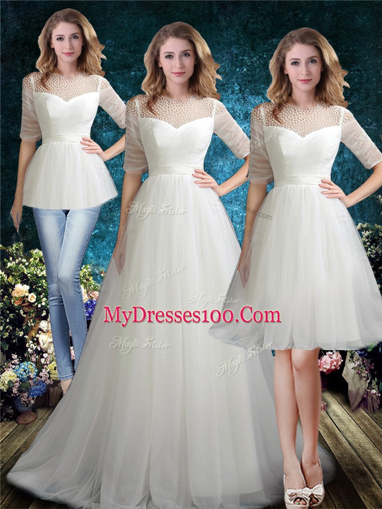 Trendy Half Sleeves Beading Lace Up Bridal Gown with White Brush Train