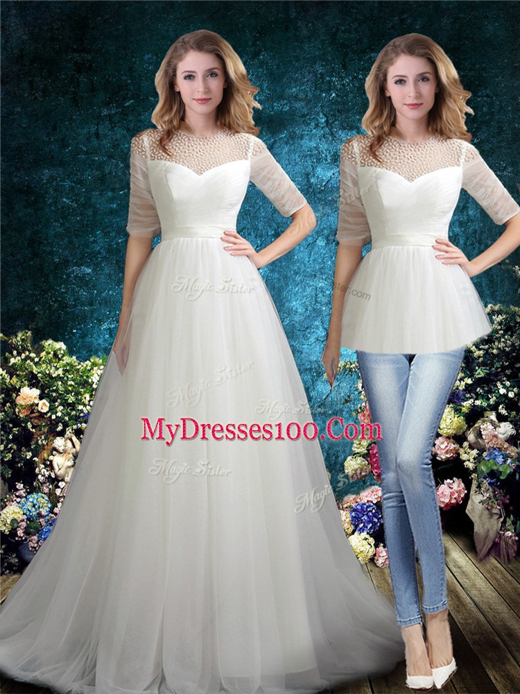 Trendy Half Sleeves Beading Lace Up Bridal Gown with White Brush Train