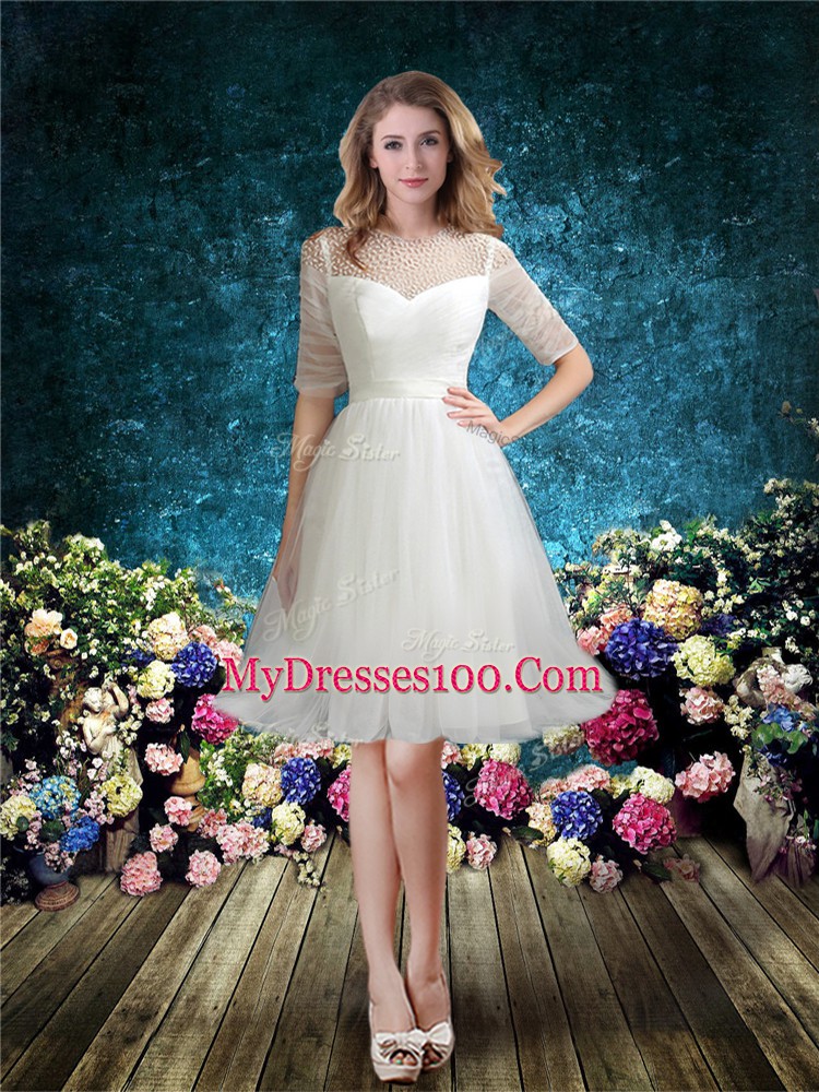 Trendy Half Sleeves Beading Lace Up Bridal Gown with White Brush Train