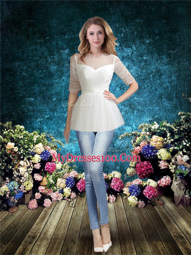 Trendy Half Sleeves Beading Lace Up Bridal Gown with White Brush Train