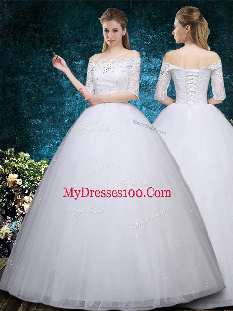 Fantastic Half Sleeves Tulle Floor Length Lace Up Wedding Gown in White with Beading and Embroidery