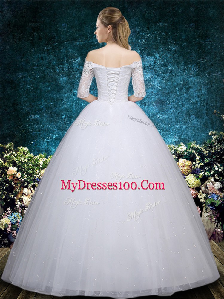 Fantastic Half Sleeves Tulle Floor Length Lace Up Wedding Gown in White with Beading and Embroidery