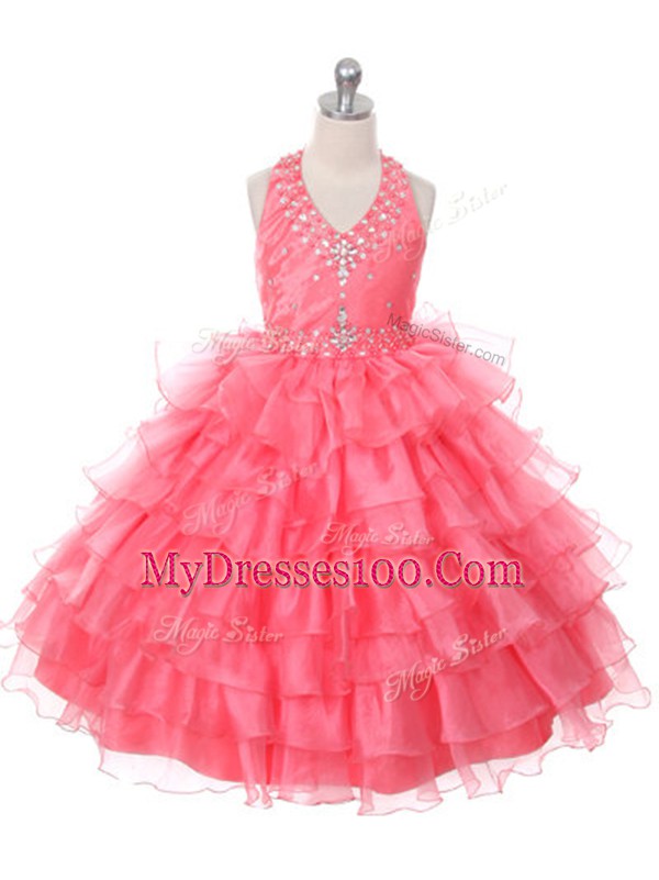 Cheap Coral Red Kids Formal Wear Wedding Party with Beading and Ruffled Layers Halter Top Sleeveless Lace Up