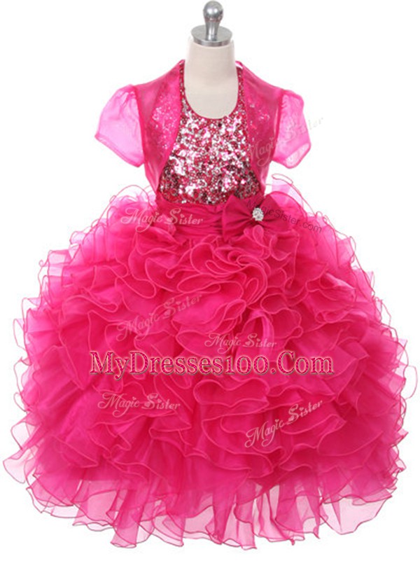 High Quality Floor Length Hot Pink Child Pageant Dress Scoop Sleeveless Lace Up