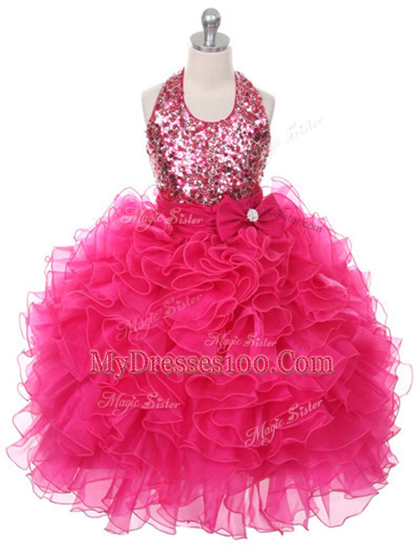 High Quality Floor Length Hot Pink Child Pageant Dress Scoop Sleeveless Lace Up