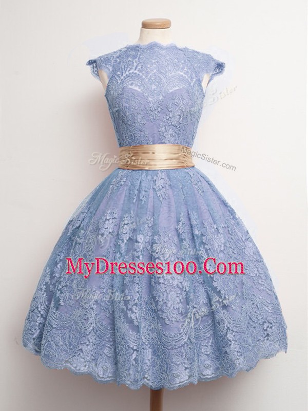 Custom Made Blue High-neck Lace Up Belt Bridesmaid Dresses Cap Sleeves