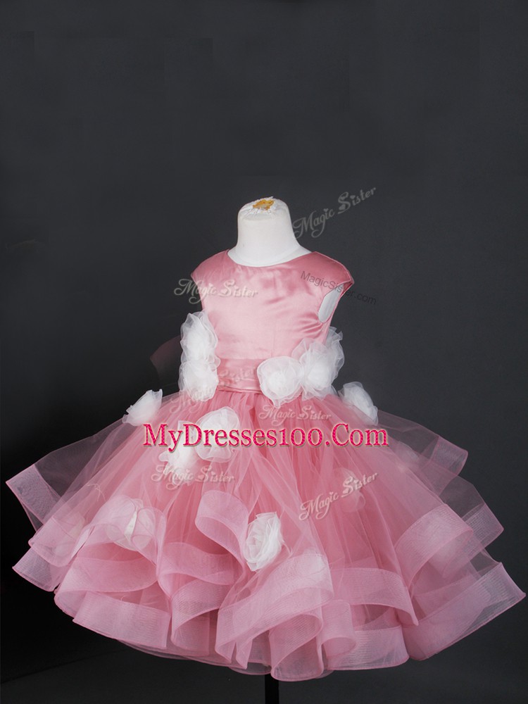 Pink Bateau Neckline Ruffles and Hand Made Flower Toddler Flower Girl Dress Cap Sleeves Zipper