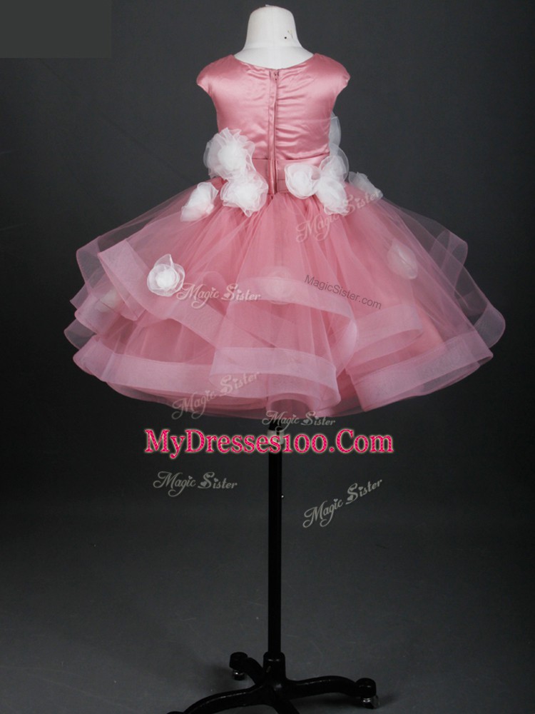 Pink Bateau Neckline Ruffles and Hand Made Flower Toddler Flower Girl Dress Cap Sleeves Zipper