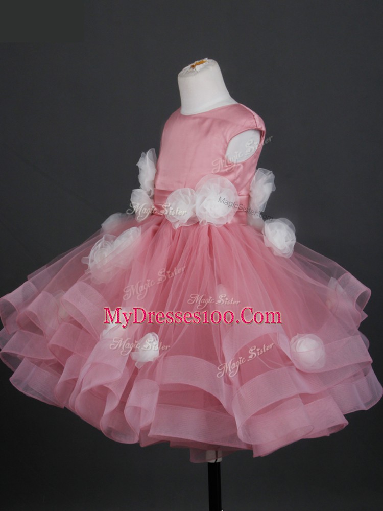 Pink Bateau Neckline Ruffles and Hand Made Flower Toddler Flower Girl Dress Cap Sleeves Zipper