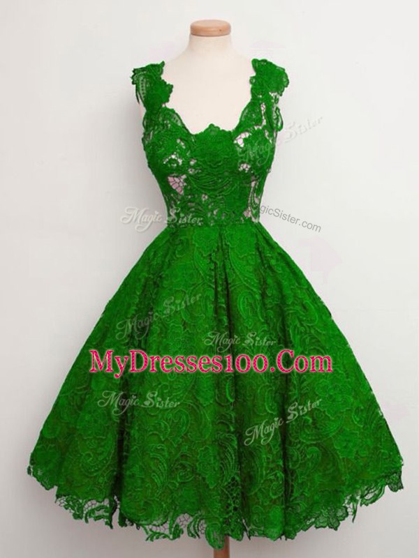 Green Lace Up Bridesmaid Gown Lace Sleeveless Knee Length