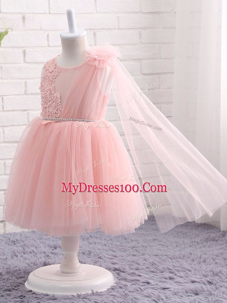 Baby Pink Zipper Toddler Flower Girl Dress Appliques and Hand Made Flower Sleeveless Knee Length