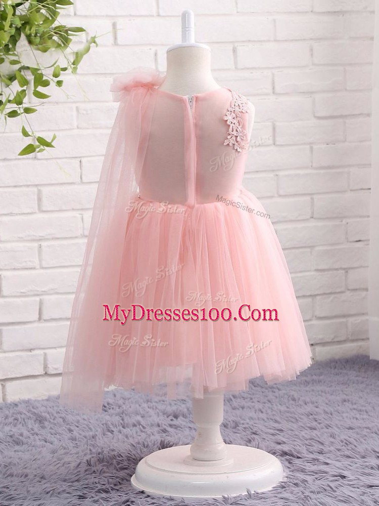 Baby Pink Zipper Toddler Flower Girl Dress Appliques and Hand Made Flower Sleeveless Knee Length