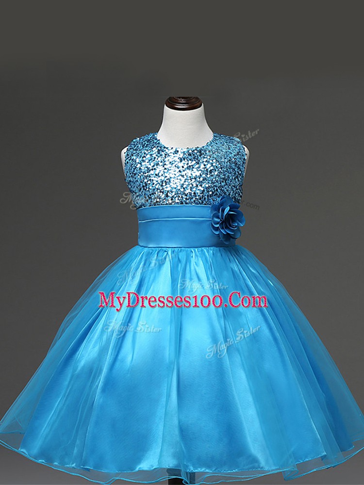 Sequins and Hand Made Flower Little Girls Pageant Dress Baby Blue Zipper Sleeveless Knee Length