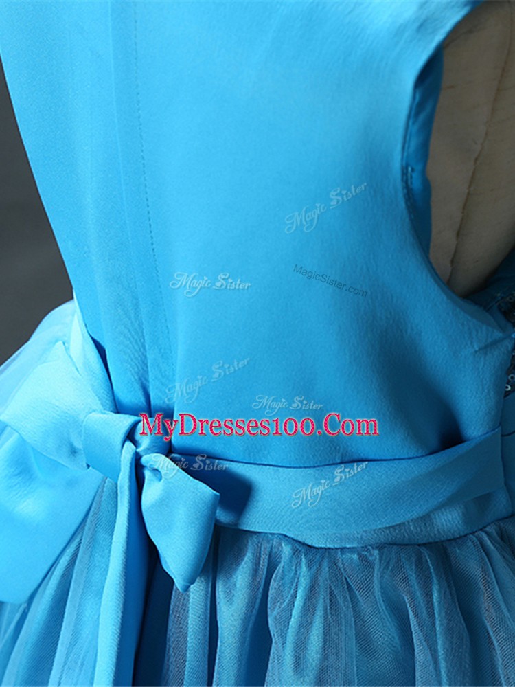 Sequins and Hand Made Flower Little Girls Pageant Dress Baby Blue Zipper Sleeveless Knee Length